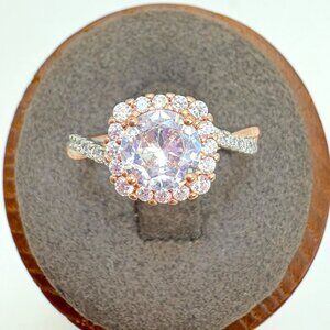 Rose Gold & Sterling Silver 1CTW CZ Halo Engagement Ring Twist Band Size 7.25